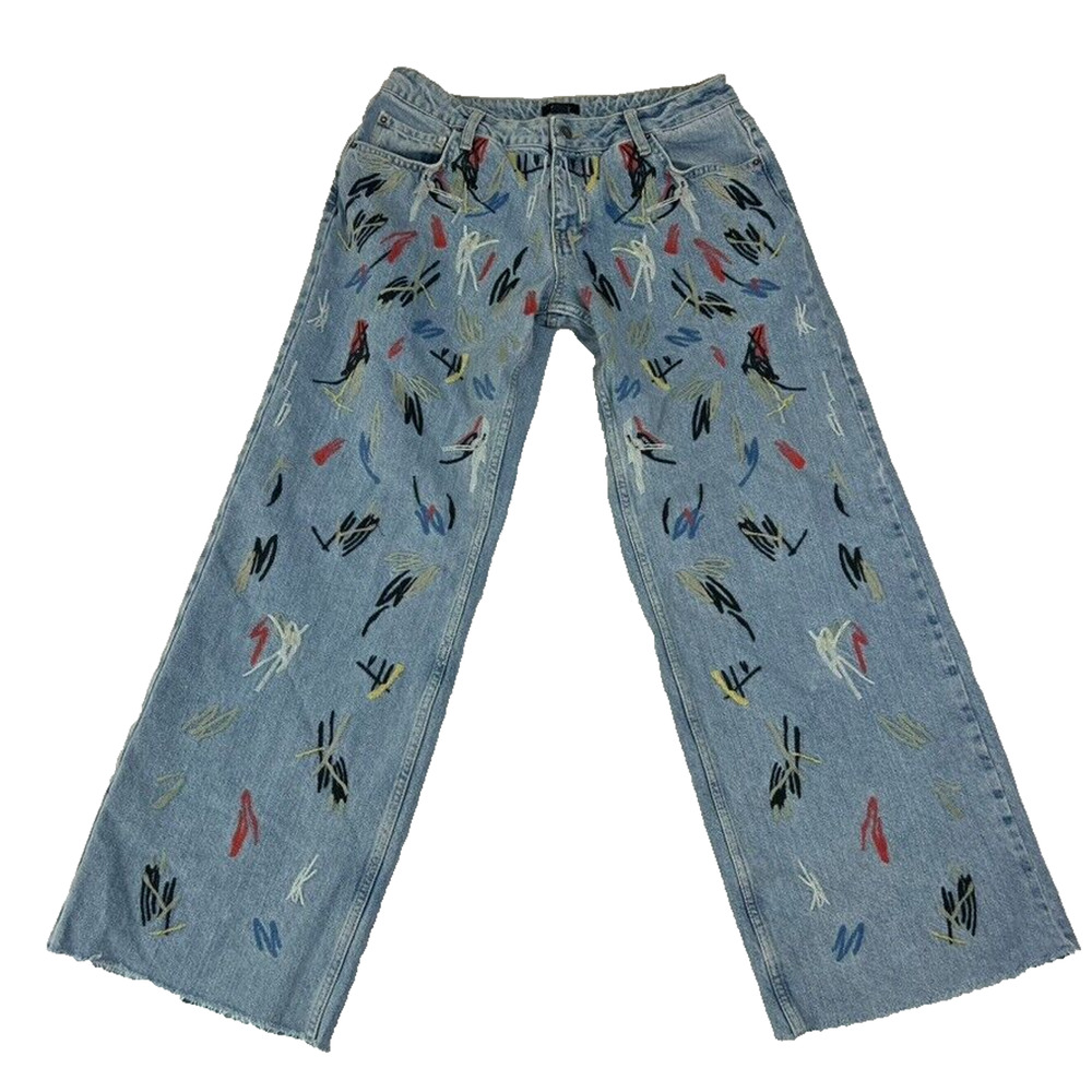 Nasty Gal Jeans Women 10 Denim Retro Embroidered Wide Leg Baggy Low Rise Raw Hem